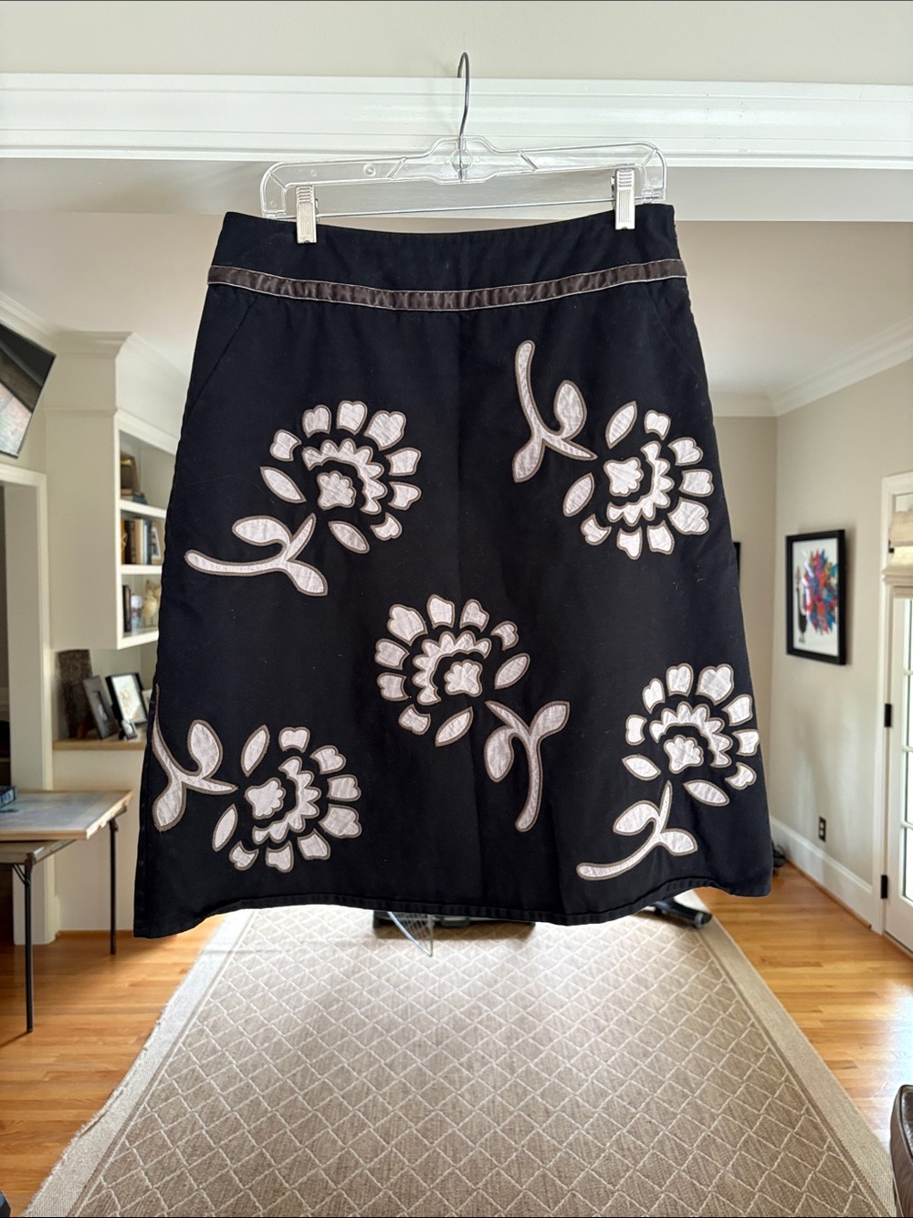 Boden Black Floral Appliqué A-Line Skirt